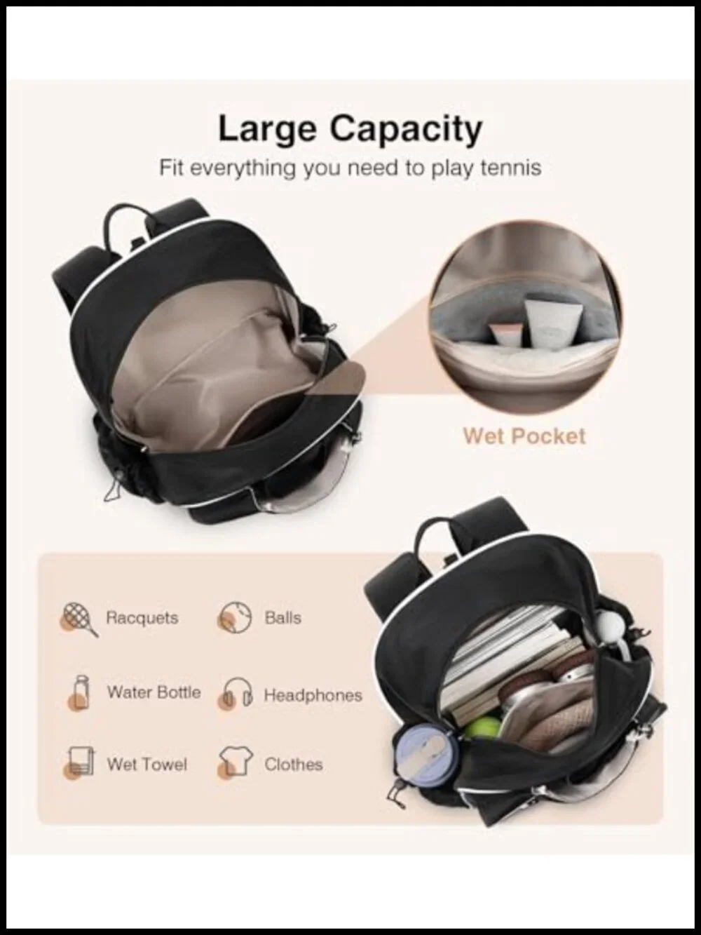 Tennis Backpack Holds 2 Rackets with Ventilated Shoe Compartment & Wet Pocket